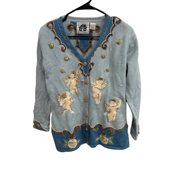 Vintage Storybook Knits Angels Cardigan Sweater Blue Size Medium Heaven Cozy - Picture 1 of 10